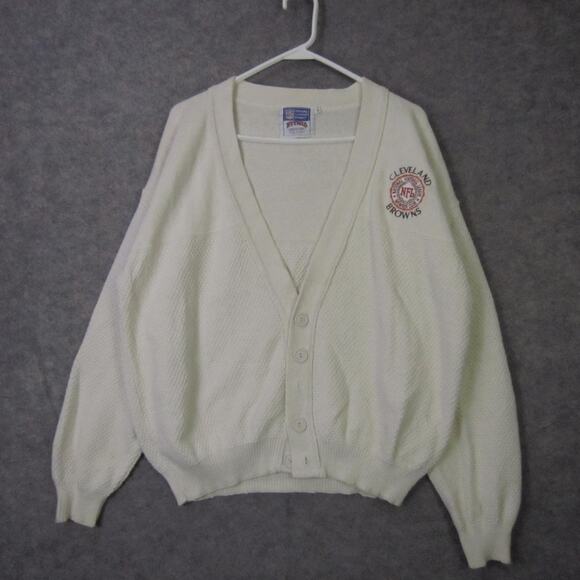 Vintage Cleveland Browns Sweater Cardigan Mens Large White NFL nutmeg 90s